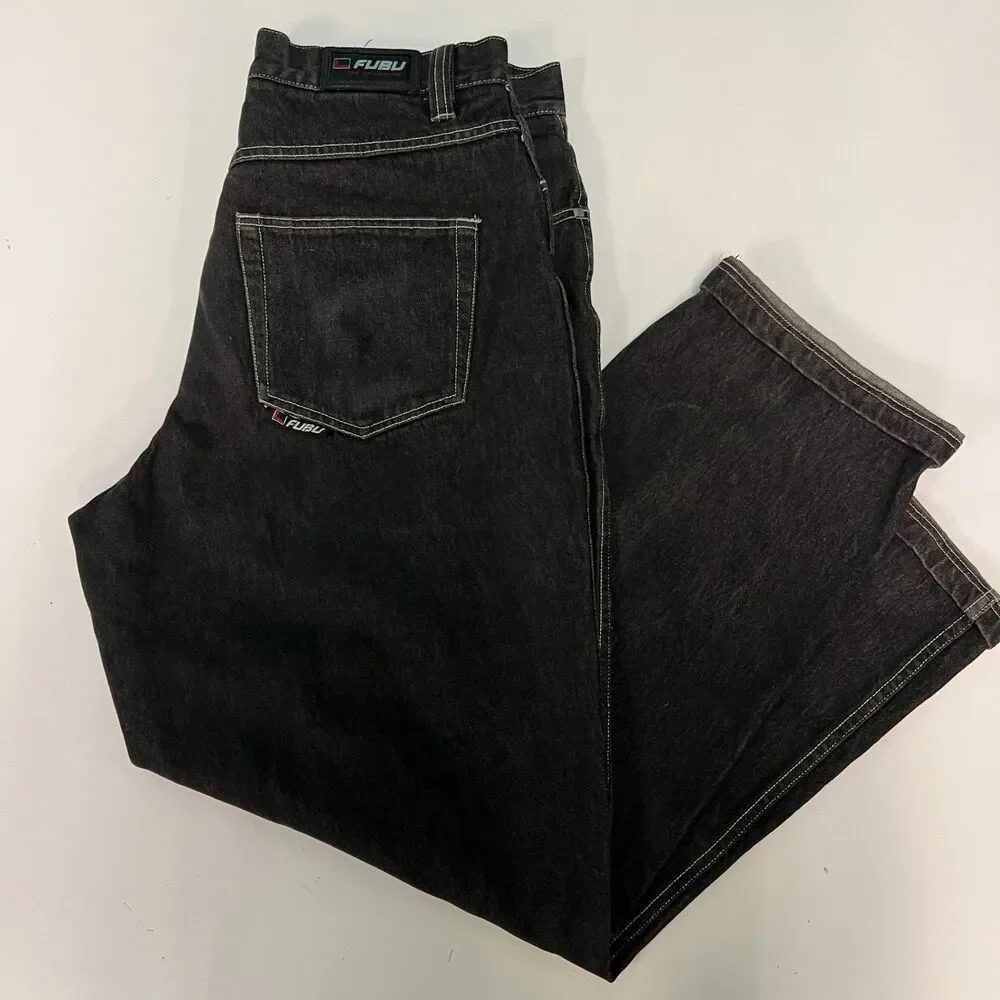 Vintage FUBU Baggy Jeans Mens 36x34 Black Y2K Hip Hop Skater Denim Wide Leg
